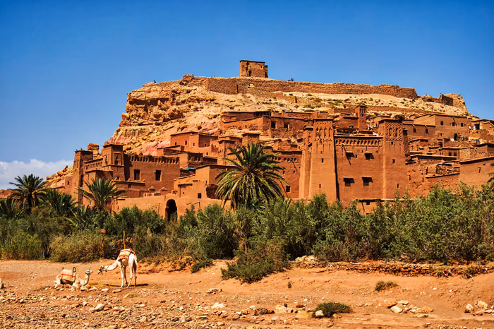 The fortified earthen kasbah of Ait Ben Haddou rising above palm trees, Morocco